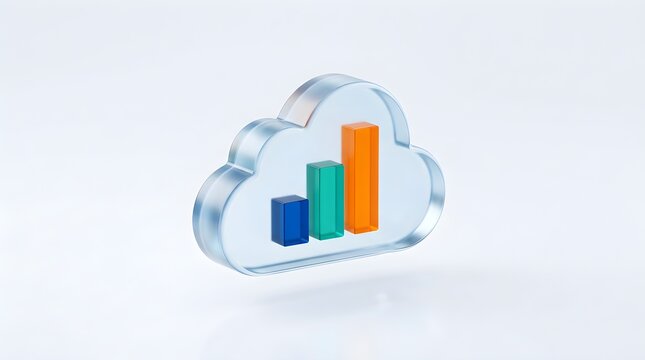 Isometric glass cloud icon with 3D colorful bar graph data analytics visualization