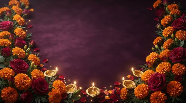 A festive border of orange marigold flowers and dark red roses on a dark purple background, with small glowing clay diya lamps placed in between