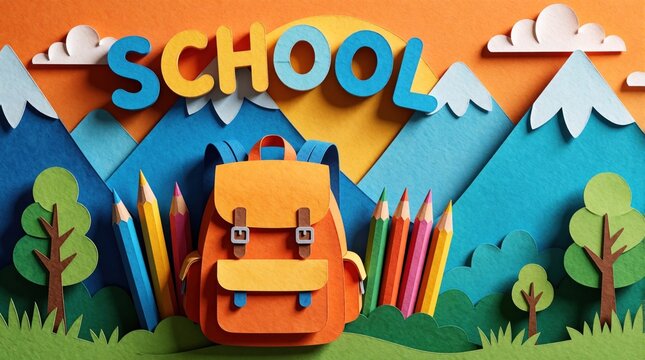 Paper cut illustration features a backpack, colorful pencils, and the word SCHOOL against a backdrop of mountains and sun. This art piece signifies education and back to school themes.