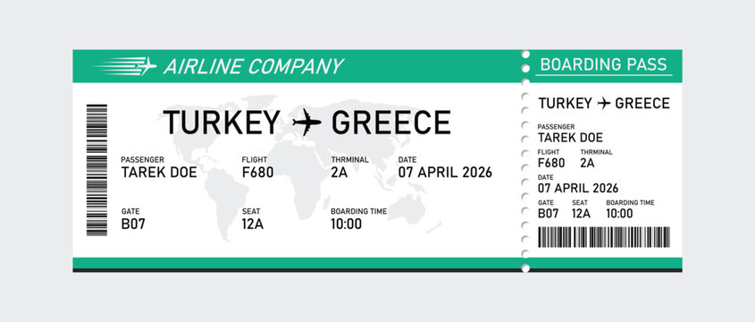Teal and white airline boarding pass template for a flight from turkey to greece featuring a map background, and barcode