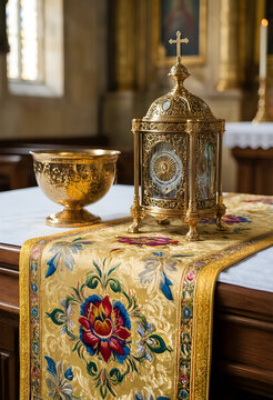 Catholic liturgy and eucharistic adoration, golden monstrance and chalice on altar with embroidered runner in church for religious worship and prayer