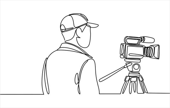 Continuous single line drawing of a cameraman filming with a video camera on a tripod