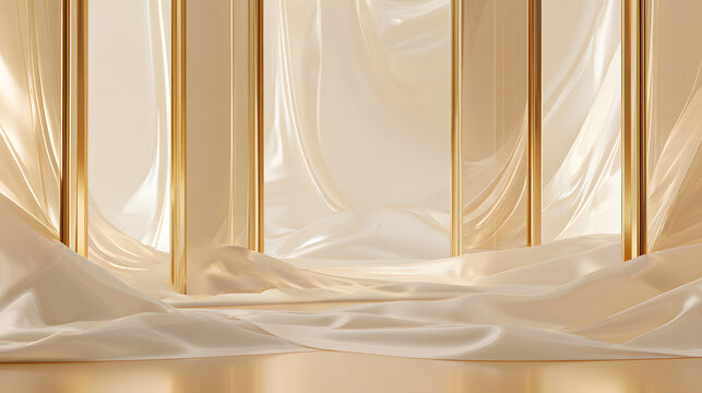 A luxurious, modern, abstract architectural space featuring gold glass columns and flowing, soft, silky fabric against a backdrop of gentle light highlights a pristine, clean product display