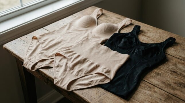 Shapewear garment assortment featuring nude color bodysuit, high waist slimming brief, black compression tank top arranged on rustic wood table near bright window.