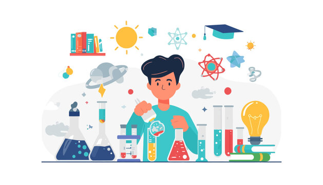 Young scientist conducts chemical experiments with colorful liquids in beakers and flasks.