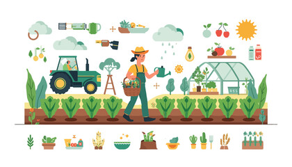 Fototapeta premium Woman farmer watering crops in a vegetable garden with a tractor and greenhouse in the background.
