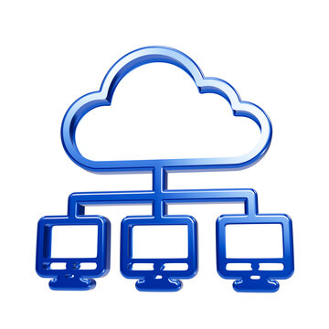 Glossy blue cloud computing network with three connected computers on a black background, servers