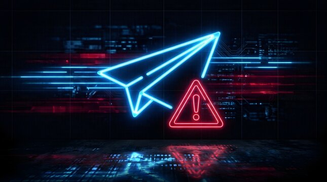 Neon Messaging Paper Airplane and Red Warning Sign on Dark Cyber Background