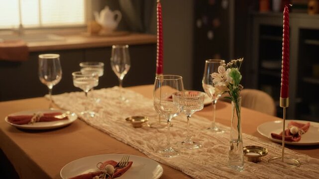 Decorated dining table with plates, wine glasses, and candles tilting up for holiday celebration. Clip fits catering ads, festive event promos, and Thanksgiving campaign videos