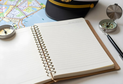 Travel planning and navigation concept, open notebook with compass and map for adventure journey, maritime exploration and vacation itinerary preparation