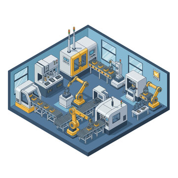 Automated Industrial Manufacturing Factory Floor with Robotic Arms.
