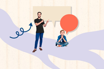 Fototapeta premium Creative photo collage trend artwork template of young man stand finger point showing chat tag text bubble feedback schoolboy son sit down