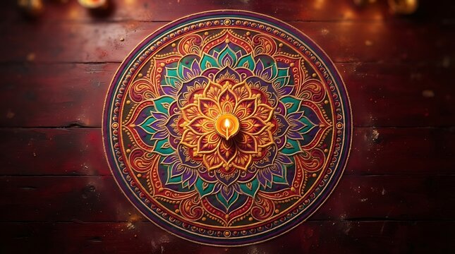A vibrant circular mandala rangoli pattern on a dark wooden floor, illuminated by a single glowing clay diya lamp placed in the center point