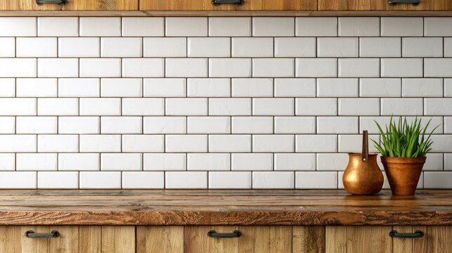 Modern kitchen interior with white subway tiles, wooden cabinets, and decorative items on a rustic countertop, showcasing a contemporary design aesthetic
