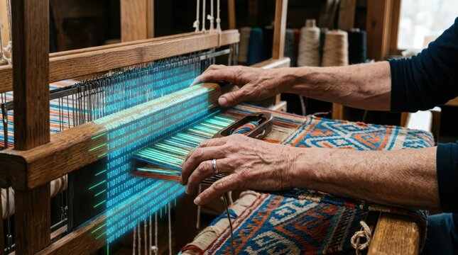 Person weaving colorful threads on traditional handloom machine carefully