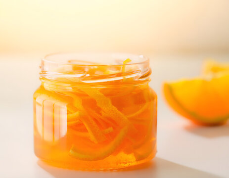 Orange marmalade in a glass jar with citrus fruit slices on a white tabletop in bright natural morning sunlight for a healthy breakfast and homemade food photography concept packed