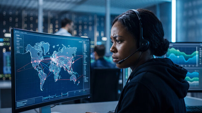 Security analyst reviewing a world services map in a data center control room