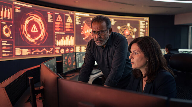 Concerned colleagues reviewing security alerts on a red-lit control room dashboard