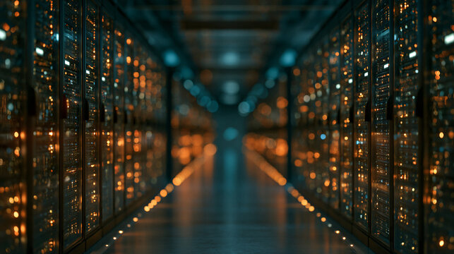 Hyperscale cloud facility interior with rows of high-performance servers photograph