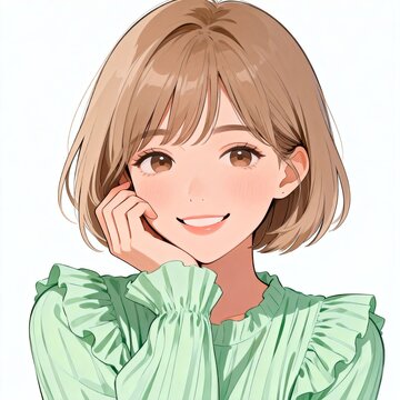 Smiling young woman with short light brown hair resting her chin on her hand