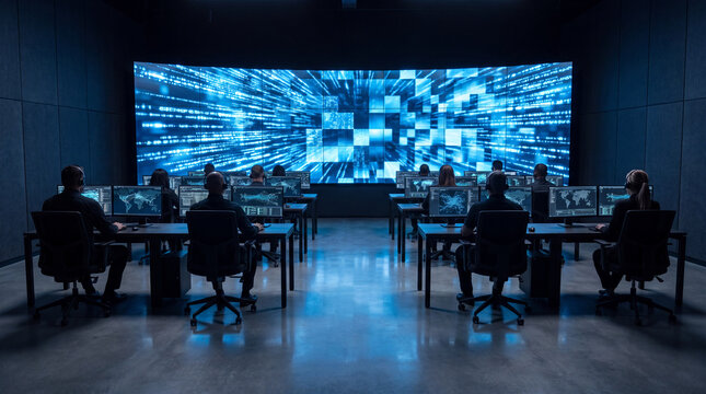 Analysts working from behind at a curved control room facing a digital data wall
