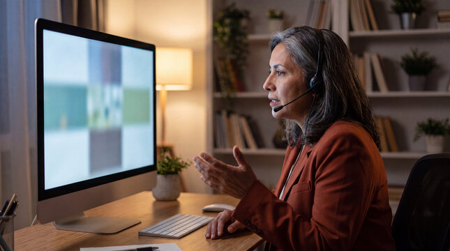 Businesswoman on a video call with a headset in a home office library