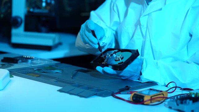 Technician in a lab coat and gloves repairs an opened hard drive with precision tools on a workbench under blue light.