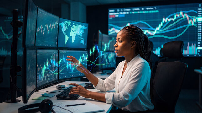 Financial analyst gesturing at holographic stock charts beside multiple trading monitors