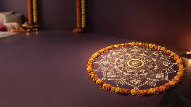 Circular mandala rangoli pattern on a dark purple floor decorated with orange marigold flower petals for traditional indian festival decor