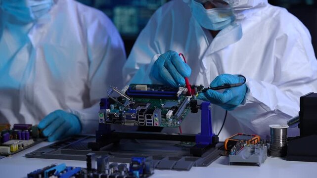 Technicians in protective suits and gloves test a computer circuit board with probes in an electronics lab under blue light.