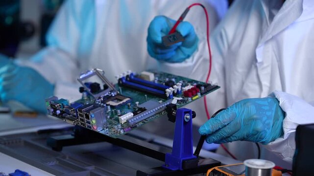 Technicians in protective gloves test an electronic circuit board with probes in a laboratory, showing computer hardware repair, quality control and engineering work.
