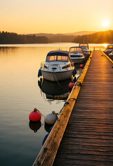 Fototapeta premium Travel and leisure, motorboats moored at a wooden pier on a calm lake during a golden sunset, summer vacation and peaceful nature getaway
