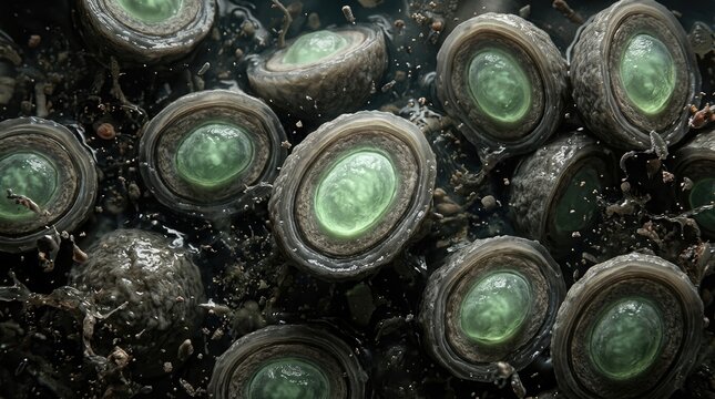Bacterial endospore formation protecting genetic dna within multi layered protein cortex shell, demonstrating extreme sporulation survival mechanism against environmental stress in fluid.