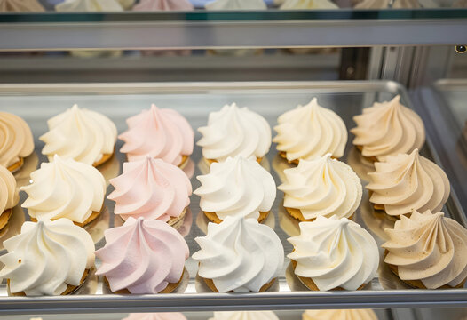 Gourmet pastry and confectionery, rows of fresh meringue cookies in a bakery display case for dessert catering and sweet treats in a cafe shop