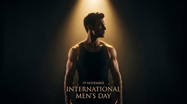 International Men's Day Concept with Muscular Man in Spotlight
