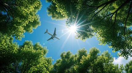 Obraz premium Airplane flies over green trees against bright sun and blue sky. View from below shows canopy and aircraft in flight. Represents nature and travel connection.