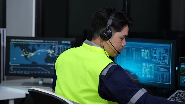 Male technician in high visibility vest and headset monitors digital maps and data screens in a dark control room.