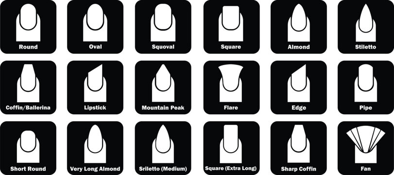 Nail shape icons, manicure, fingernail, nail tip and style set, collection and group of black flat vector symbols for beauty salon, cosmetics, manicure design and nail art