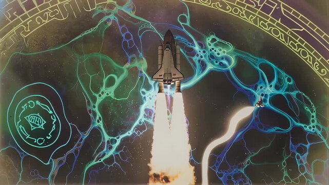Space shuttle flying through cosmic portal. Futuristic spaceship traversing magical rift with glowing energy. Sci fi exploration concept of interdimensional travel.