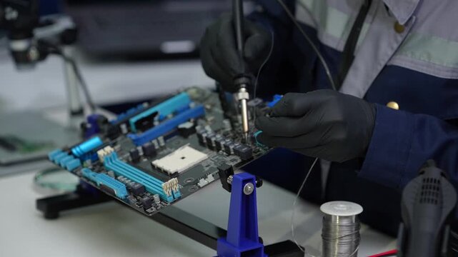 Technician in protective gloves uses a soldering iron to repair a computer motherboard on a workbench in an electronics workshop.