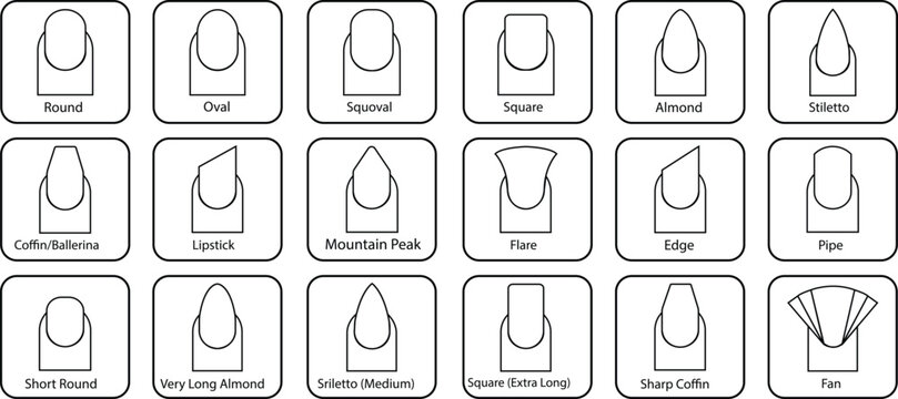 Nail shape icons, manicure, fingernail, nail tip and style set, collection and group of black line vector symbols for beauty salon, cosmetics, manicure design and nail art