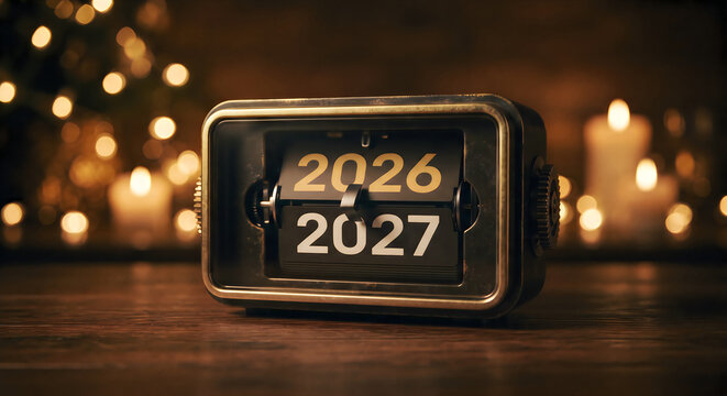 Vintage digital clock showing years 2026 and 2027 with bokeh lights