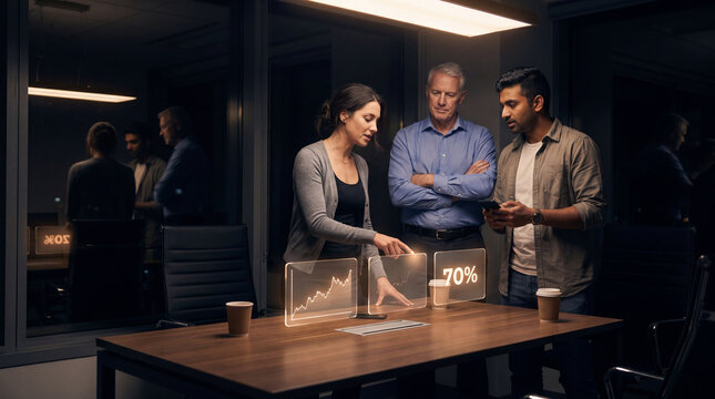 Colleagues reviewing holographic growth charts and a seventy percent metric at night