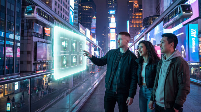 Friends interacting with a smart city hologram interface on a futuristic street