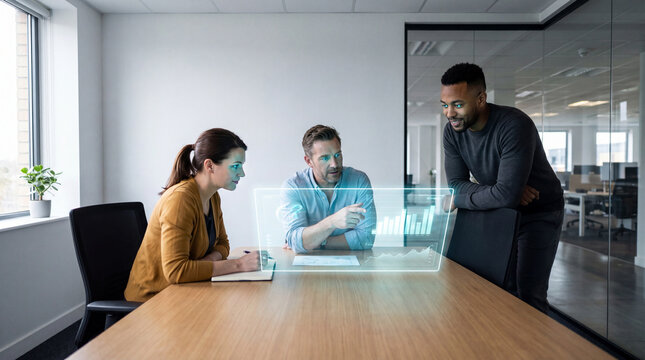 Colleagues discussing data on a blue rectangular hologram at a conference table