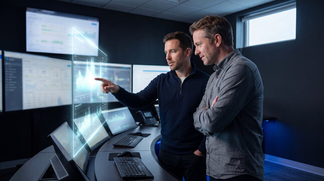 Two colleagues analyzing a holographic line chart in a control room