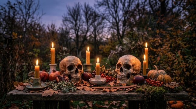 Samhain ritual altar display, human skull with burning candle flame, autumn harvest pomegranate, dry oak foliage, smoking incense stick on rustic wooden table outdoor, pagan festival celebration.