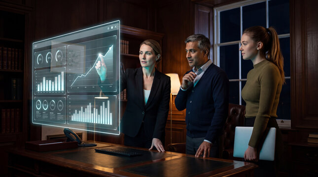 Executives analyzing a holographic dashboard with growth charts in a private office