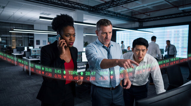 Traders reacting to a scrolling stock ticker hologram on a busy trading floor