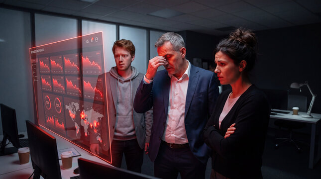 Concerned team reacting to a declining business dashboard in a dark office